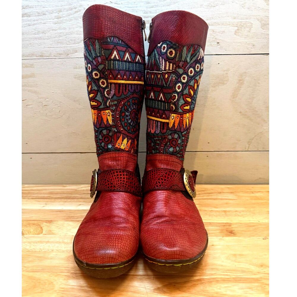 Socofy Calf High Women's Boots Boho Embroidered Tapestry Upper Red Leather SZ 39 - Picture 2 of 11